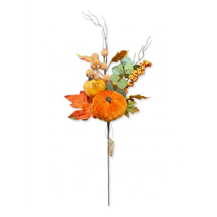 24.5" Artificial Velvet Pumpkin & Eucalyptus Harvest Floral Pick - Leaf & Berry Spray, Wholesale