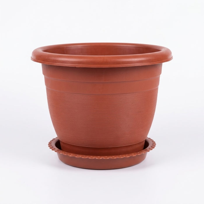 8.5" Plastic Flower Pot with Drainage Tray, Terracotta Finish, Wholesale