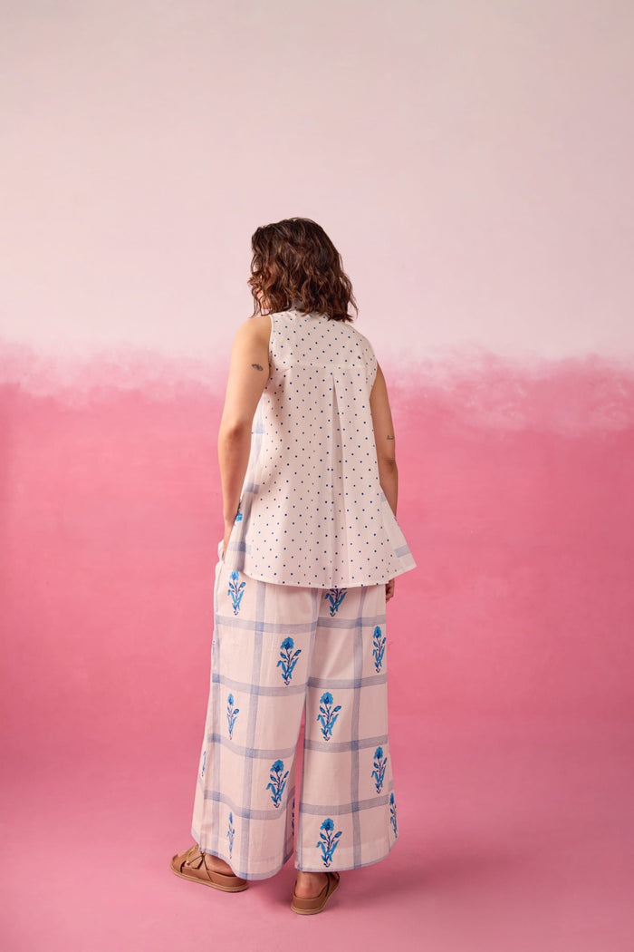 Blue Polka Dot & Floral Check Sleeveless Hand Block Printed Co-ord Set - Tara-C-Tara