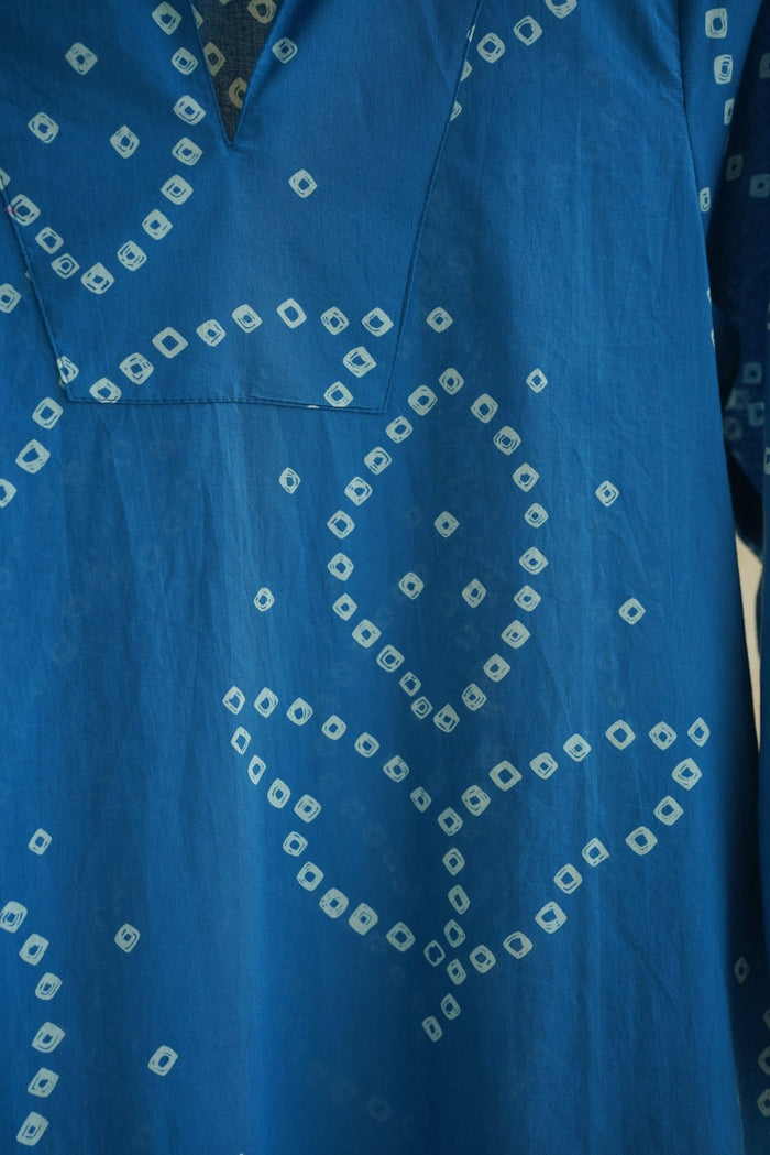 Cobalt Blue Bandhej Geometric Hand Block Printed Short Kurta - Tara-C-Tara