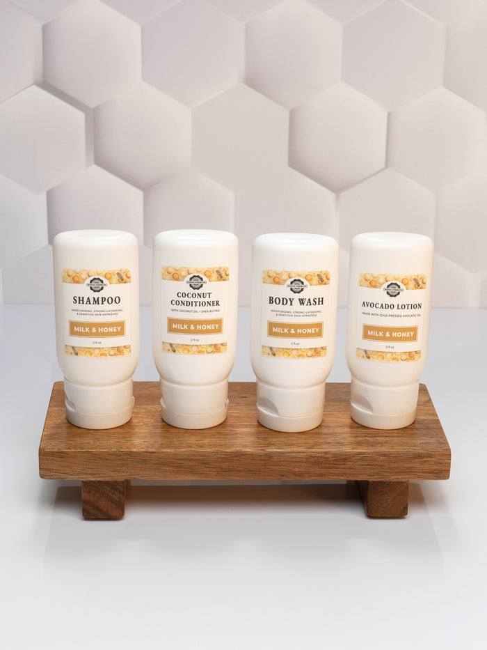 Rustic Strength, Milk & Honey scented Travel Kit, 2oz Plastic with Body Wash, Shampoo, Coconut Condition and Avocado Lotion