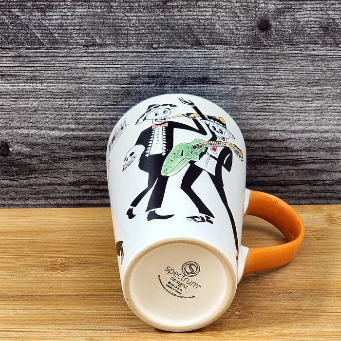 Coffee Mug Day of the Dead Skeleton Guitar Band Cup Orange Ceramic Blue Sky 17oz