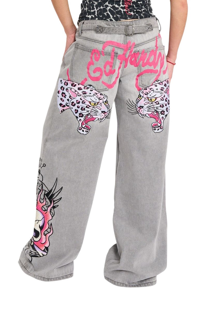 Ed Hardy Pink Skull Flame Baggy Jean Embroidered - WEHD8500-9