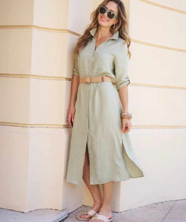 ESQUALO LONG LINEN DRESS WITH BELT