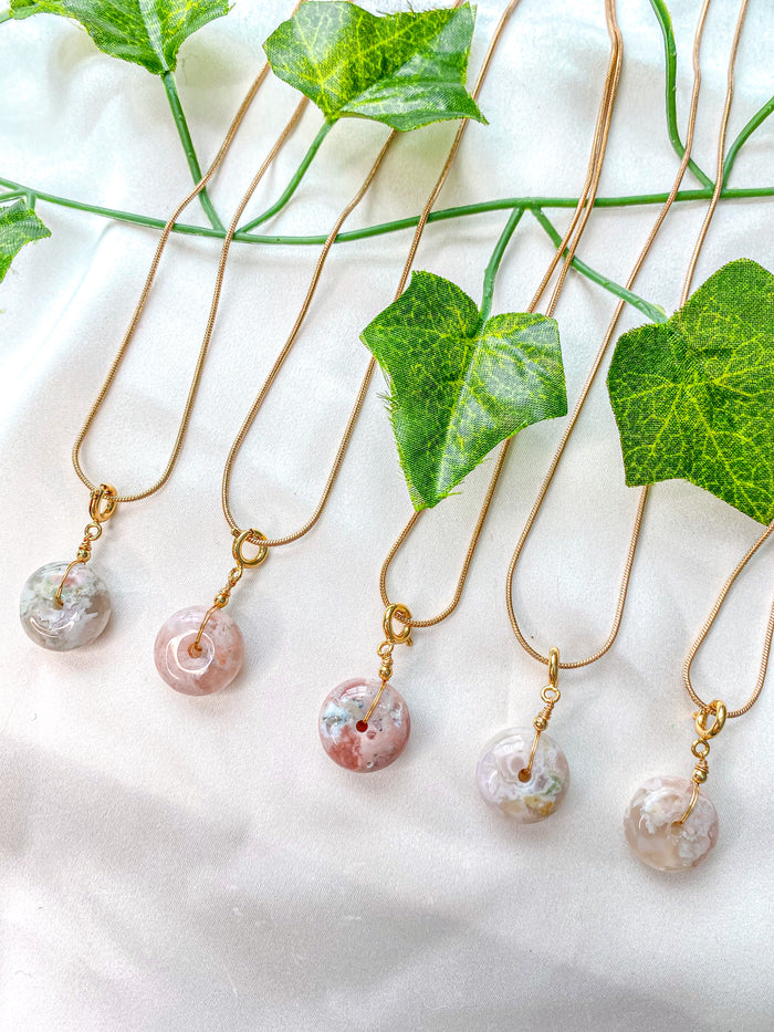 Flower Agate Donut Pendant Necklace