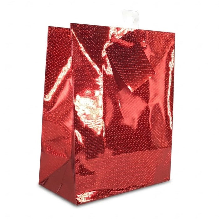 Giftrite Medium Metallic Red Holographic Paper Gift Bags with Rope Handles & Gift Tag, 9" x 7" x 4", Wholesale
