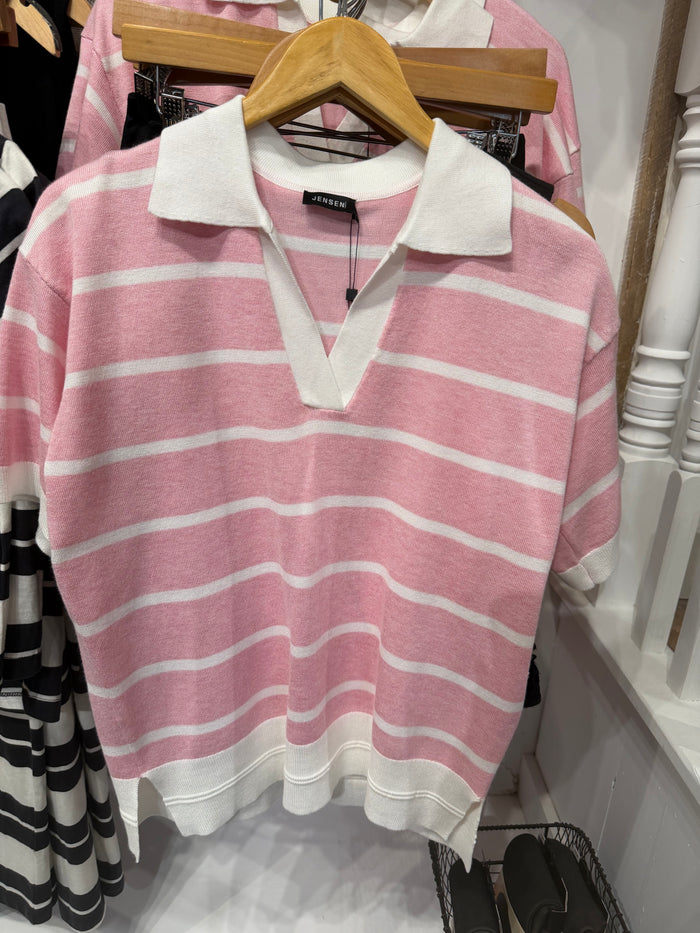 JENSEN COLLARED SS STRIPE TOP-PINK