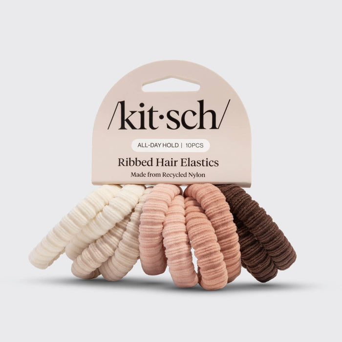 KITSCH Recycled Fabric Ribbed Hair Elastics 10pc Set - Blush