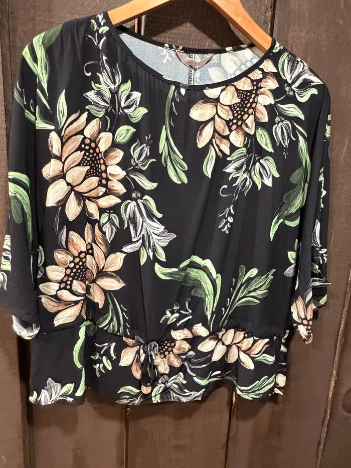 LEZ A LEZ SLEEVELESS FLORAL BLOUSE WITH FRONT TIE