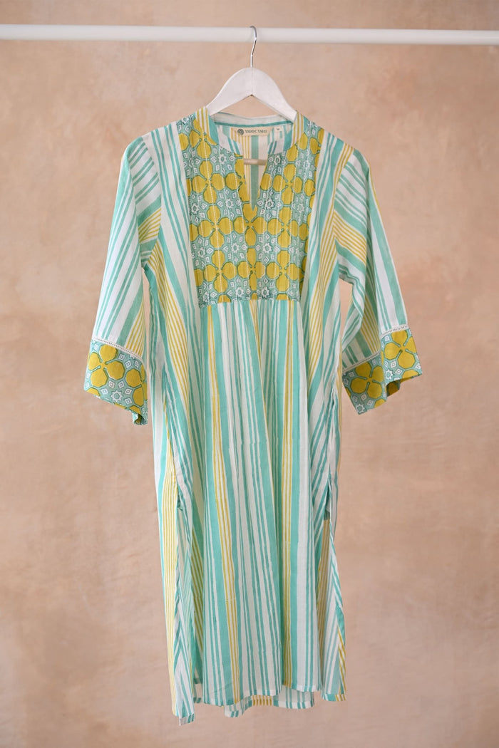 Mint & Yellow Stripe Block Printed Kurta - Tara - C - Tara