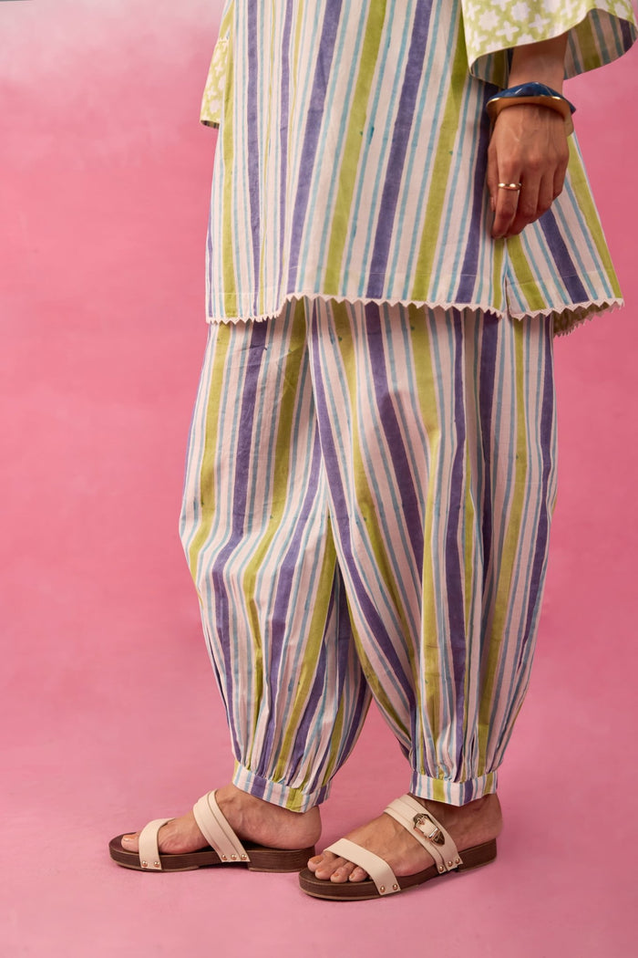 Olive & Indigo Stripe Hand Block Printed Co-ord Set - Tara-C-Tara