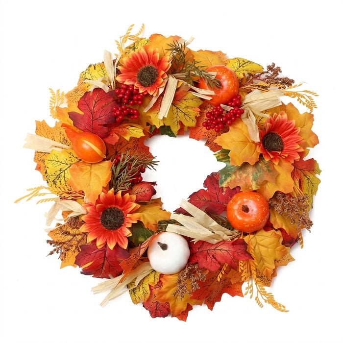 Partyrite 18" Artificial Autumn Sunflower & Pumpkin Door Wreath with White & Orange Gourds, Raffia Bows & Berries | Wholesale