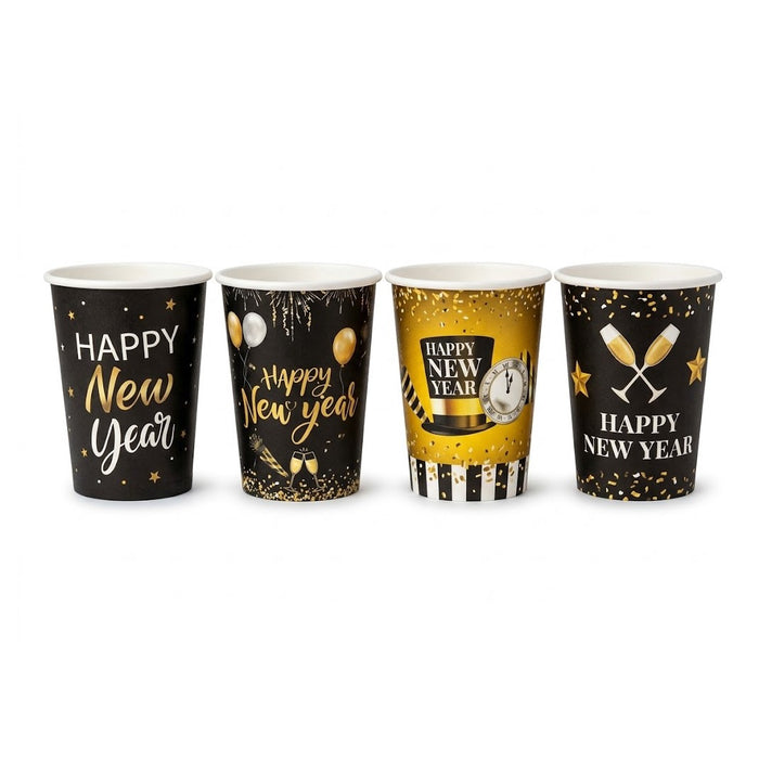 PartyRite 9 oz Happy New Year Disposable Paper Party Cups (10-Count Packs) - Assorted Gold & Black Designs | Wholesale