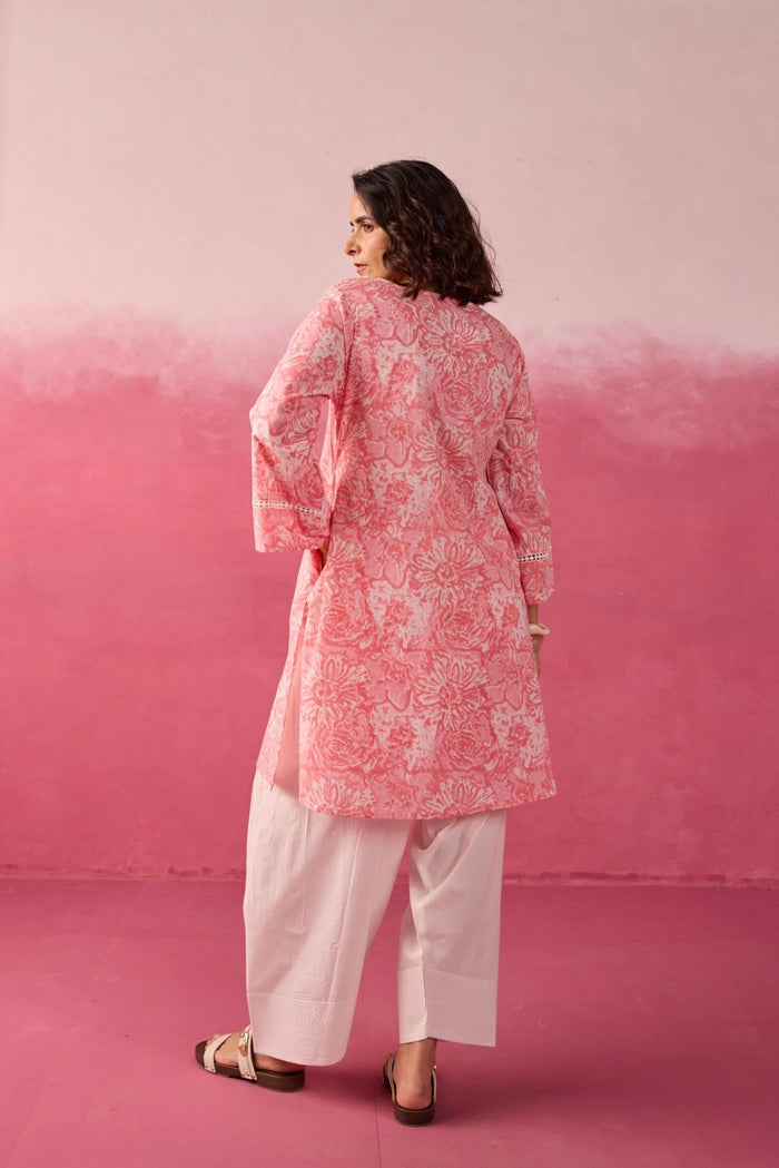 Pink Floral Toile Hand Block Print Kurta & White Farsi Salwar Co - ord Set - Tara - C - Tara