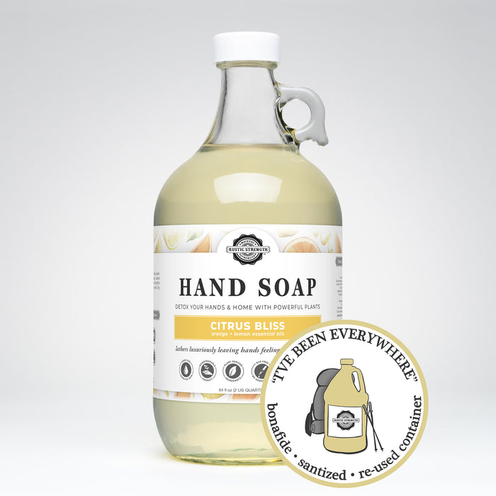 Rustic Strength, Hand Soap, 64oz Glass, Citrus Bliss with image "I've been everywhere - Bonafide, Sanitized, Re-used Container"