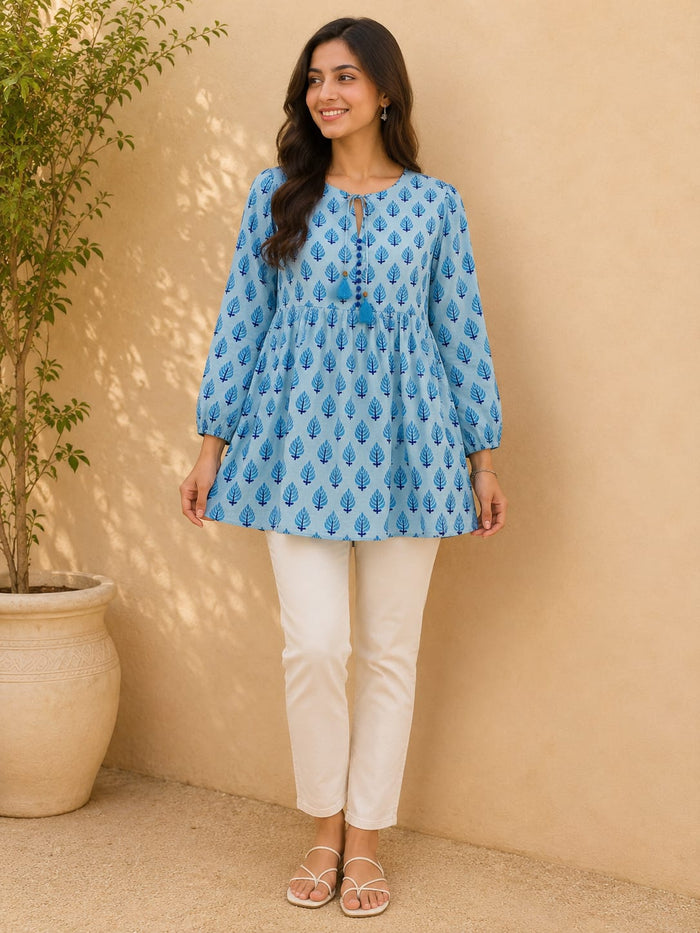 Sky Blue Leaf Booti Block Print Peplum Top - Tara-C-Tara