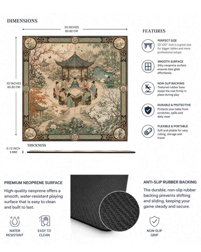 Neoprene mahjong mat with smooth surface and non-slip rubber backing, thickness and size diagram