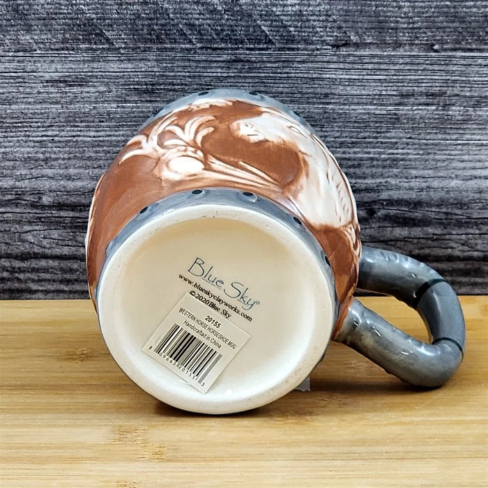 Western Horse Coffee Mug 3D Ceramic Horseshoe Tea Cup Blue Sky Embossed