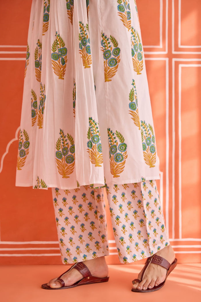 White Floral Green Hand Block Printed Co-ord Set - Tara-C-Tara
