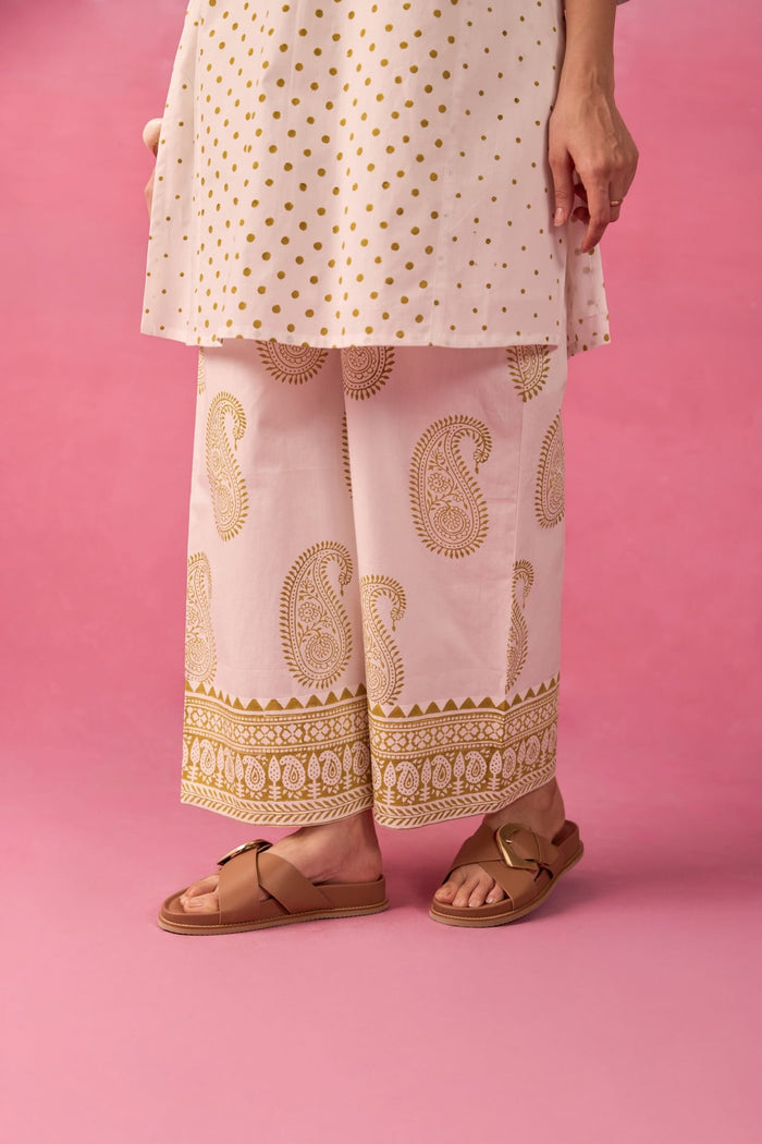 White & Gold Polka Dot & Paisley Hand Block Printed Co-ord Set - Tara-C-Tara