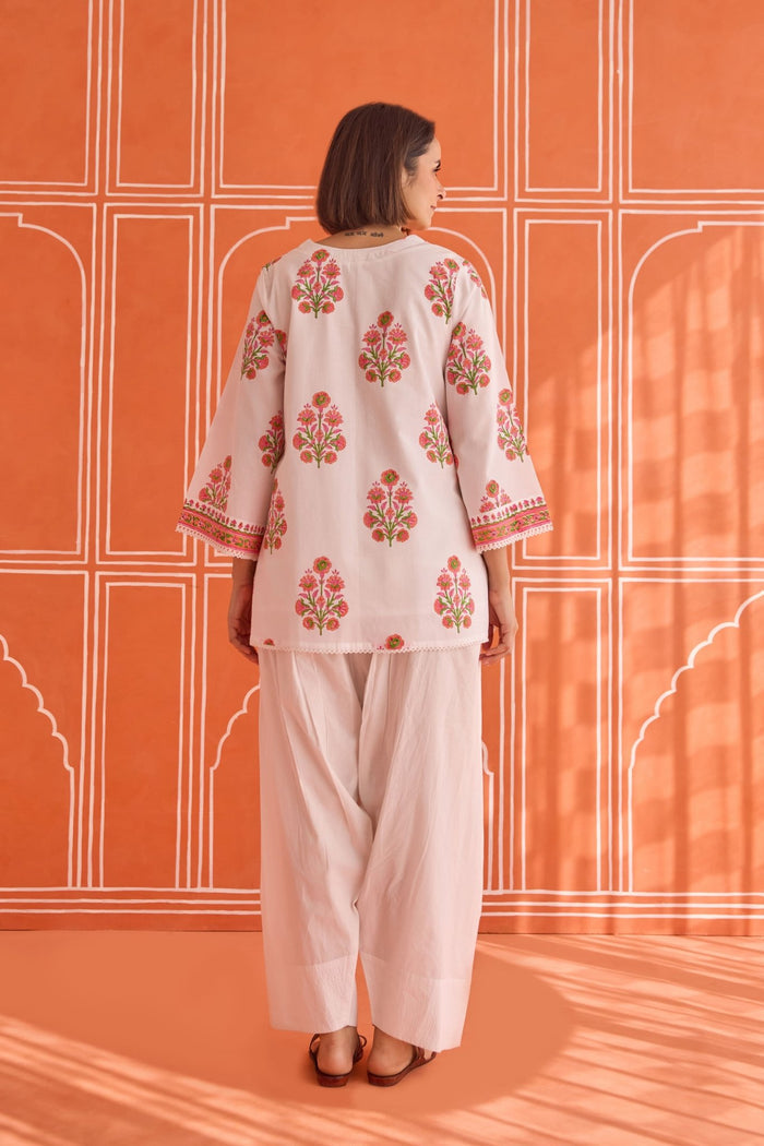 White Hand Block Printed Floral Booti Kurta & Farsi Salwar Co - ord Set - Tara - C - Tara