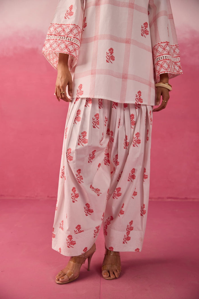 White & Red Check Floral Hand Block Printed Co-ord Set - Tara-C-Tara