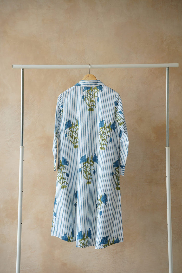 White Stripe & Blue Floral Block Print Shirt Kurta - Tara - C - Tara