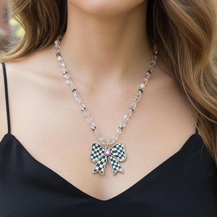 92431 - Checkered Bow Necklace - Black