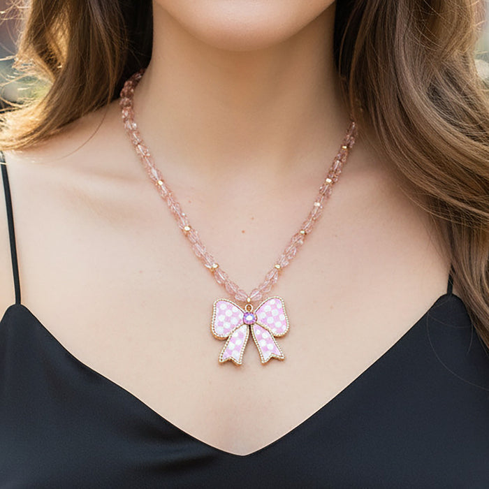 92431 - Checkered Bow Necklace - Pink