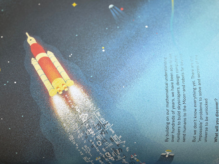 Illustration of a rocket ship in space with stars and text.