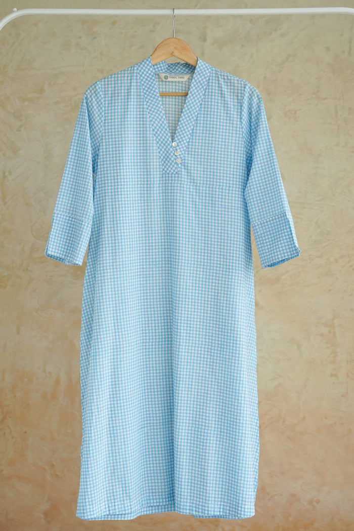 Aqua Blue Gingham Check Cotton Hand Block Printed Kurta - Tara-C-Tara
