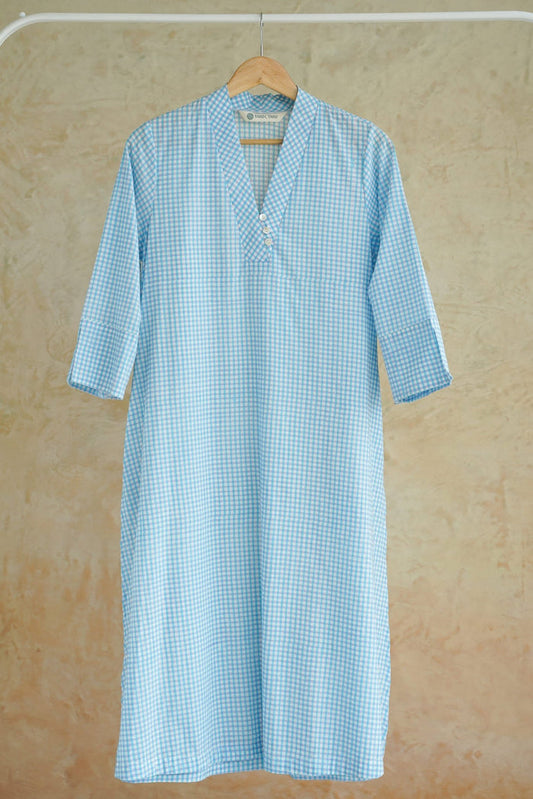 Aqua Blue Gingham Check Cotton Hand Block Printed Kurta - Tara-C-Tara