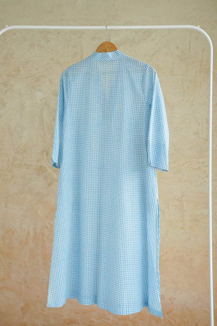 Aqua Blue Gingham Check Cotton Hand Block Printed Kurta - Tara-C-Tara