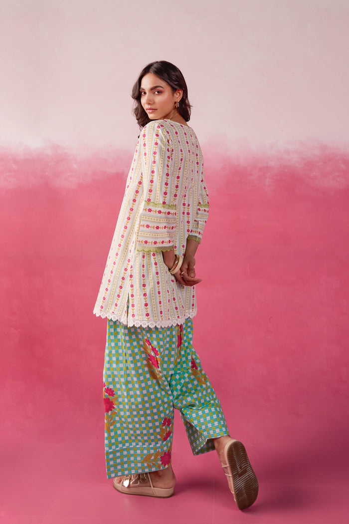 Aqua Green Botanical Stripe Scalloped Co - ord Set - Tara - C - Tara