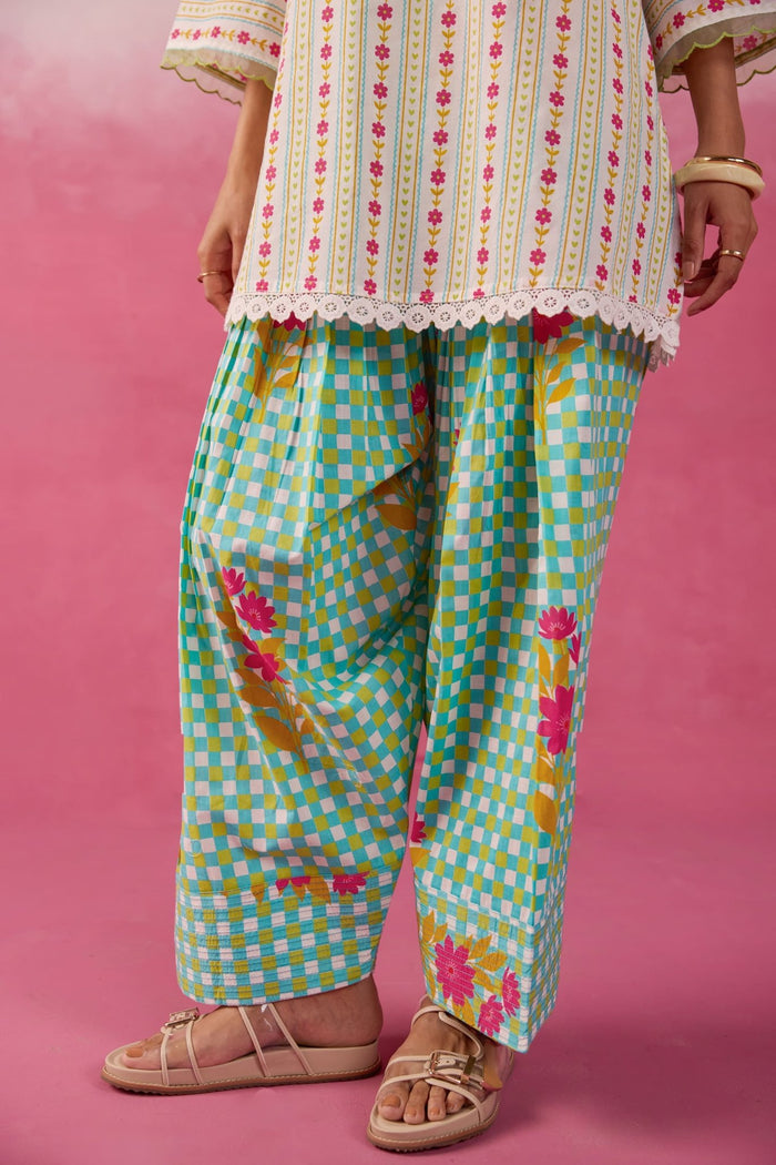 Aqua Green Botanical Stripe Scalloped Co - ord Set - Tara - C - Tara