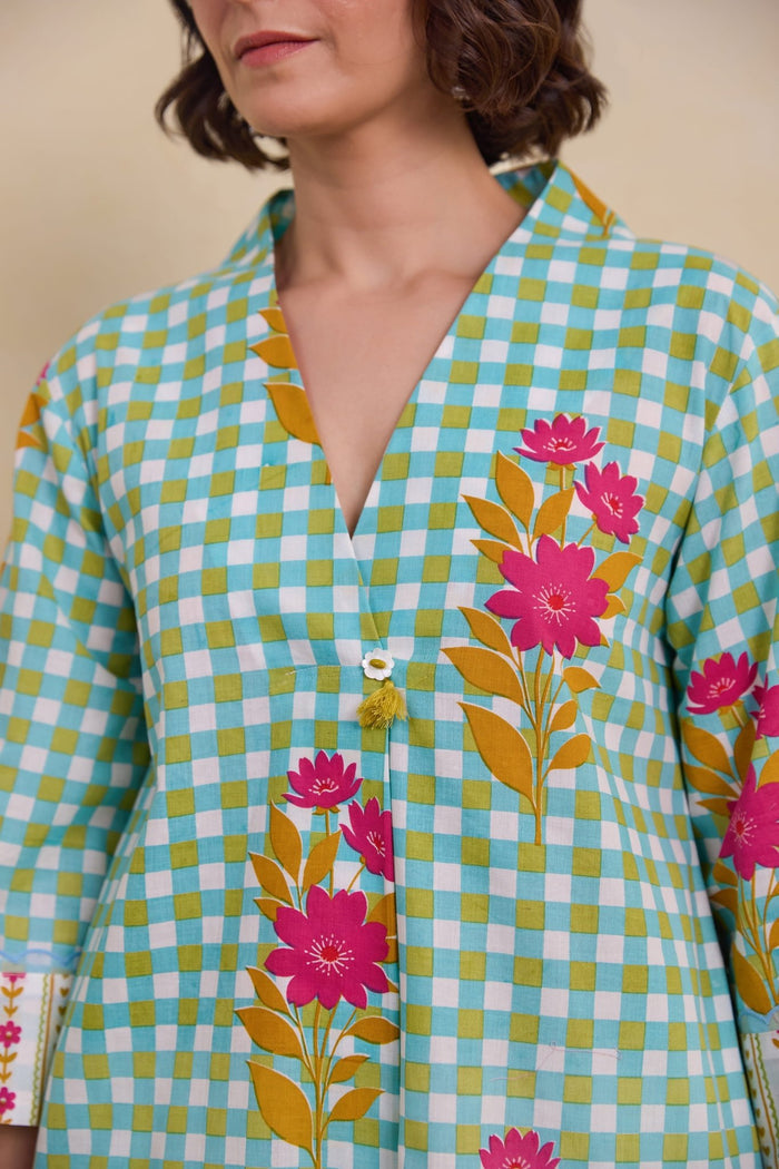 Aqua Meadow Gingham Printed Co - ord Set - Tara - C - Tara