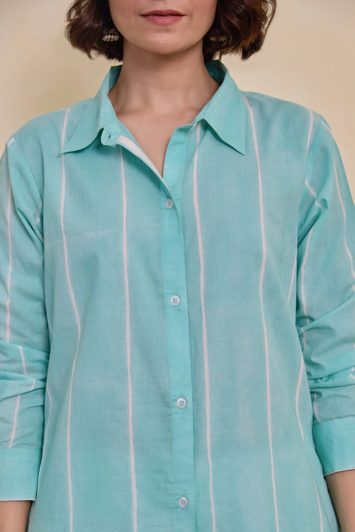 Aqua Striped Shirt Kurta with White Palazzo Co - ord Set - Tara - C - Tara