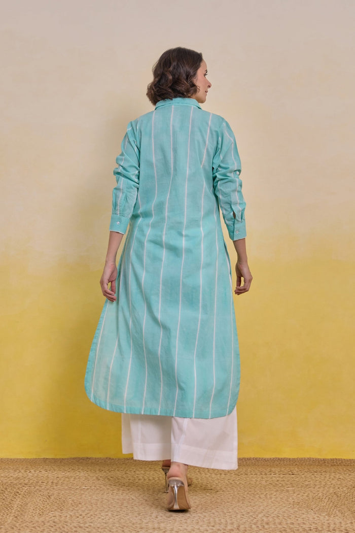 Aqua Striped Shirt Kurta with White Palazzo Co - ord Set - Tara - C - Tara