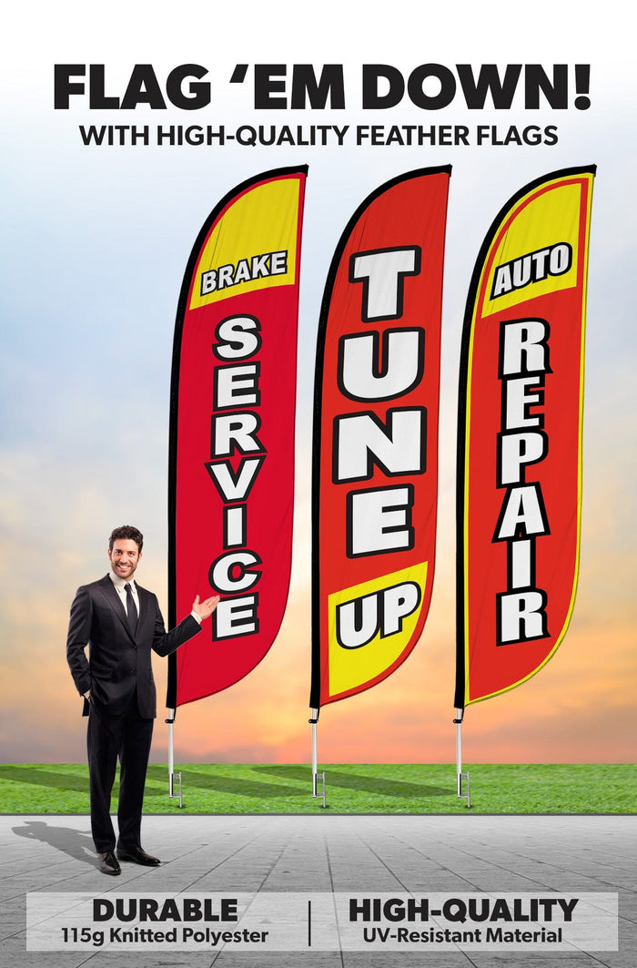 Auto Repair Feather Flag - 3 Pack w/ Ground Spike Pole Set