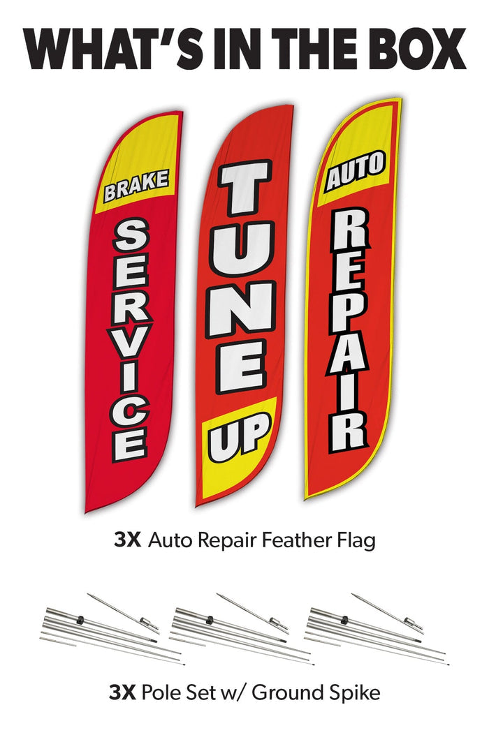 Auto Repair Feather Flag - 3 Pack w/ Ground Spike Pole Set