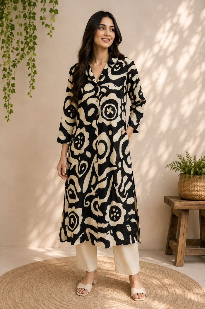 Black & Ivory Abstract Print Cotton Kurta