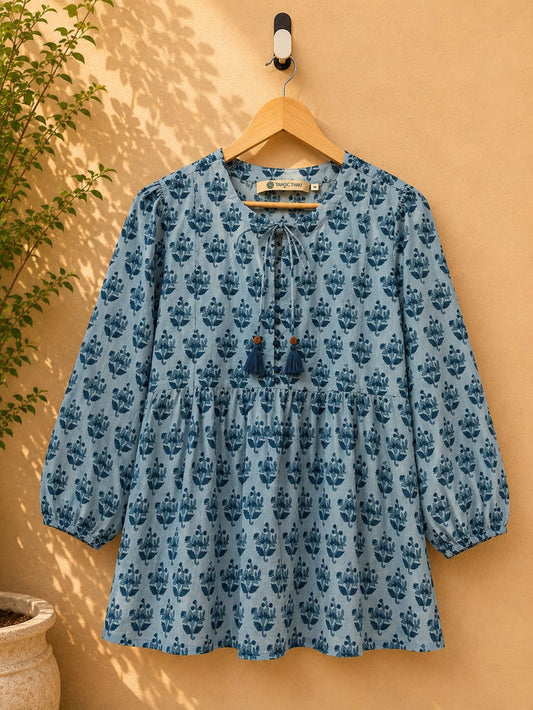 Blue Floral Booti Block Print Peplum Top - Tara-C-Tara