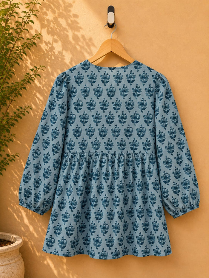 Blue Floral Booti Block Print Peplum Top - Tara-C-Tara