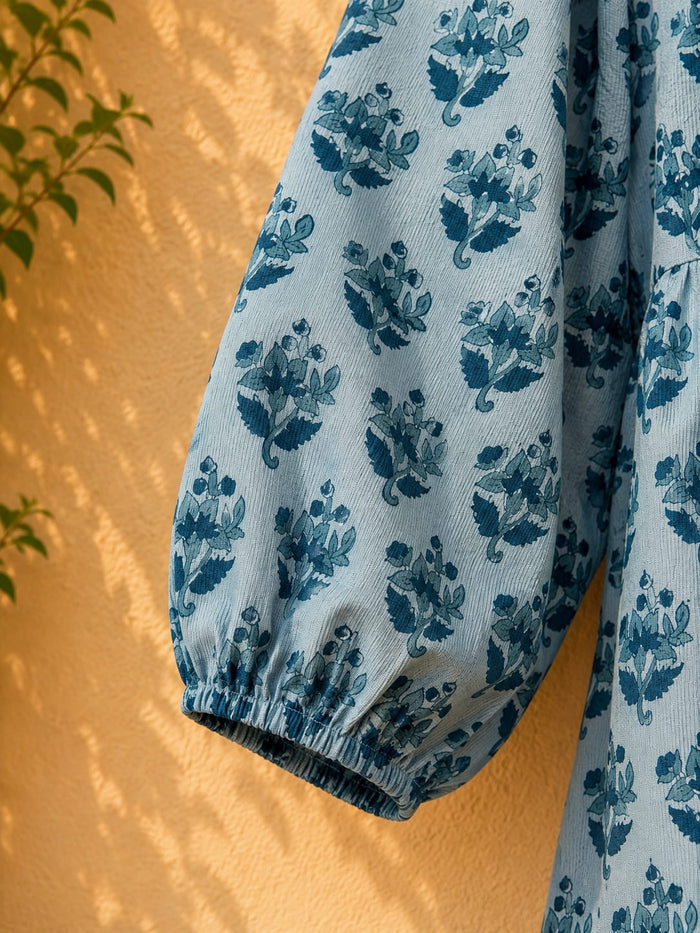 Blue Floral Booti Block Print Peplum Top - Tara-C-Tara