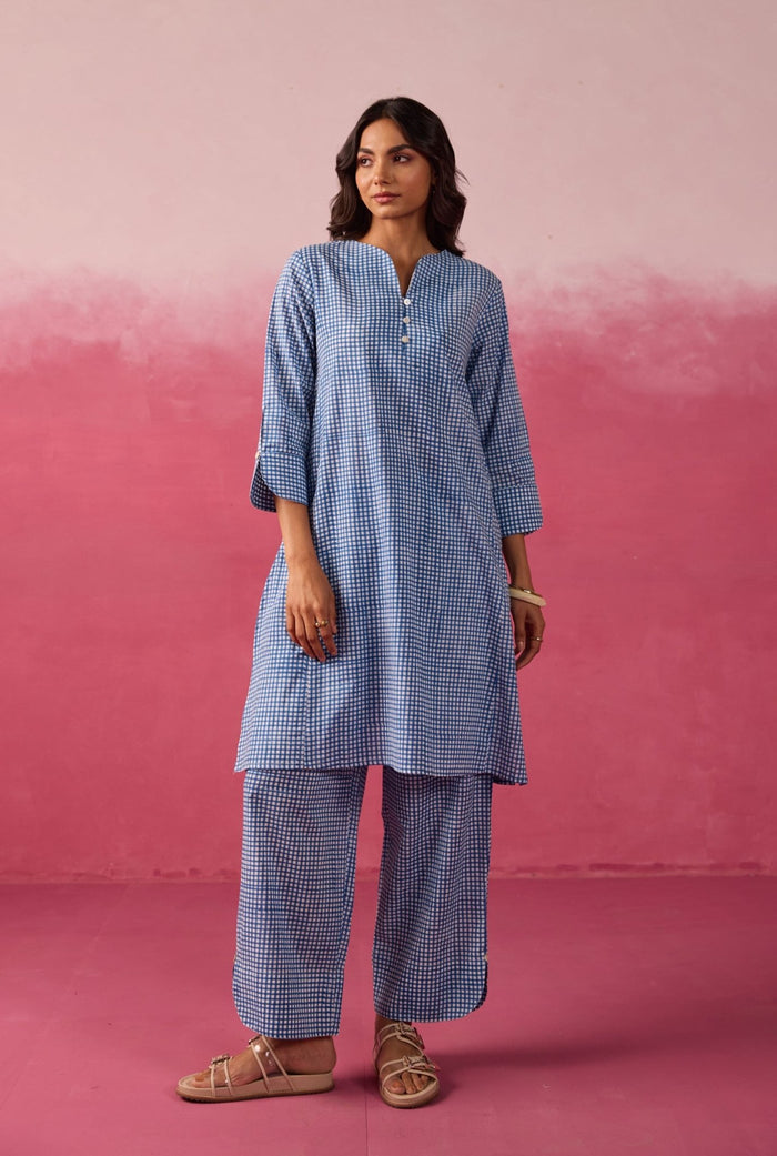 Blue Gingham Checks Printed Cotton Co-ord Set - Tara-C-Tara