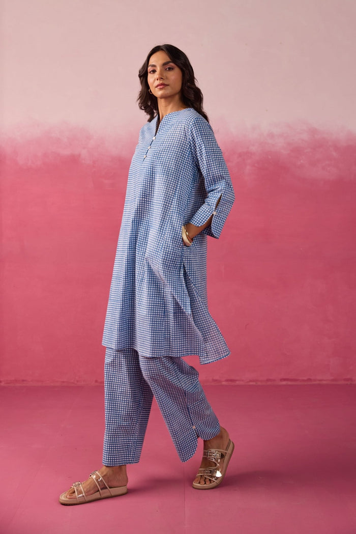 Blue Gingham Checks Printed Cotton Co-ord Set - Tara-C-Tara