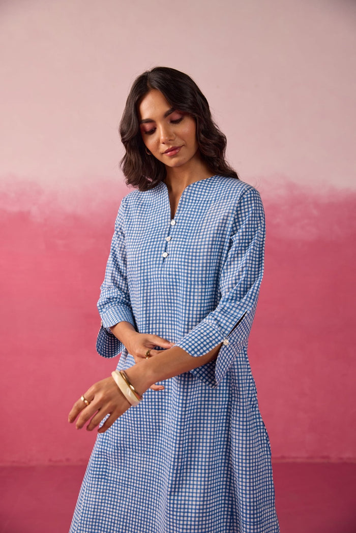 Blue Gingham Checks Printed Cotton Co-ord Set - Tara-C-Tara