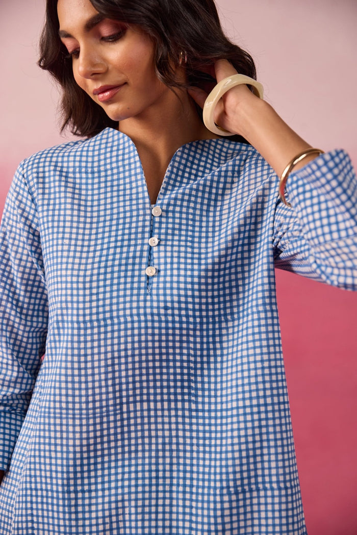 Blue Gingham Checks Printed Cotton Co-ord Set - Tara-C-Tara
