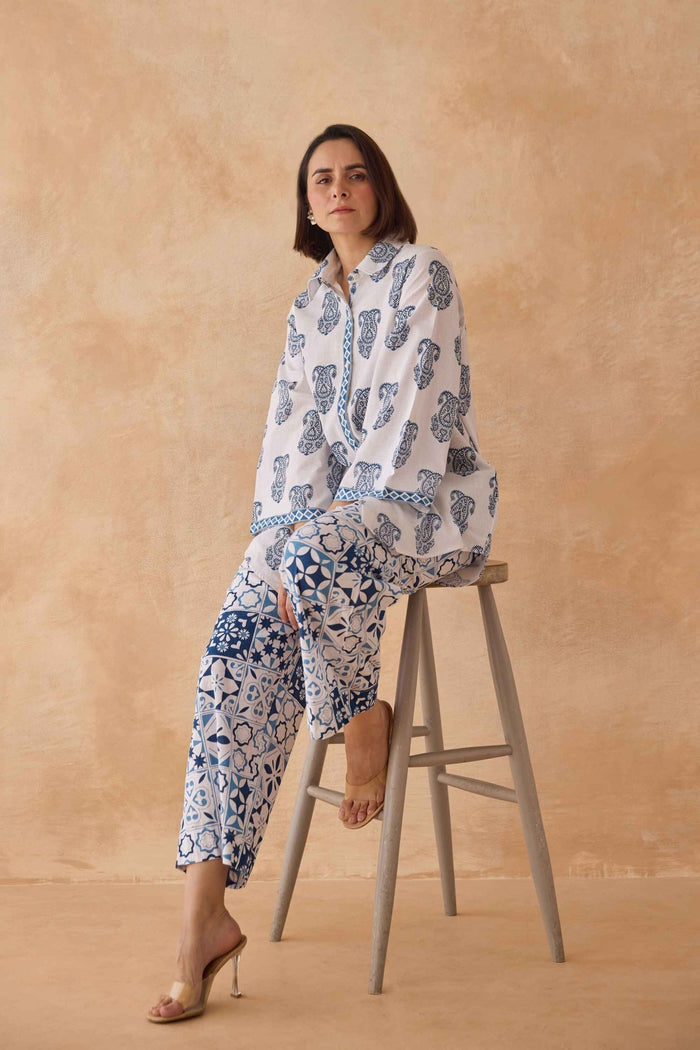 Blue Paisley & Tile Printed Cotton Co - ord Set - Tara - C - Tara