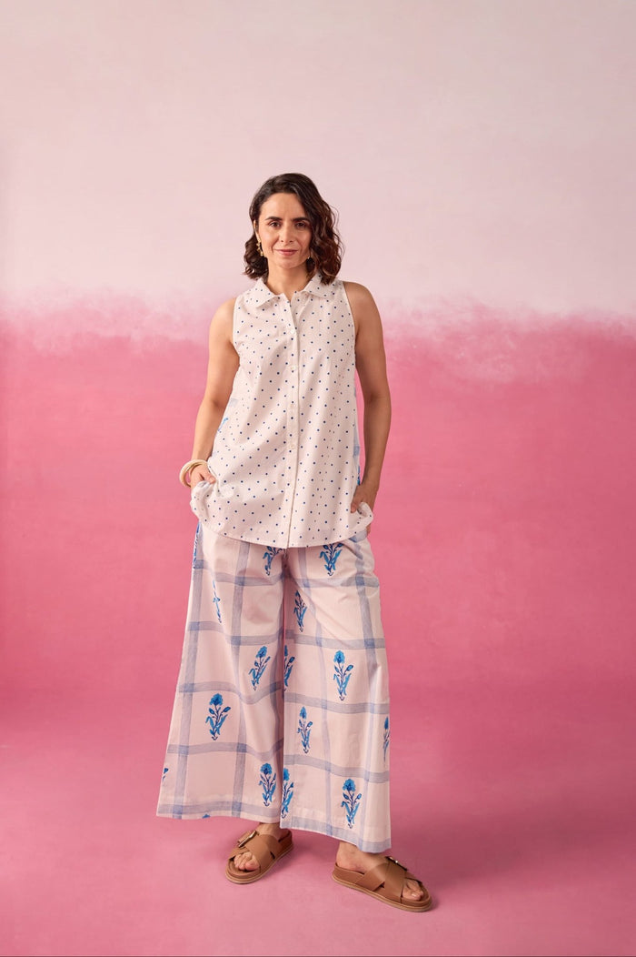 Blue Polka Dot & Floral Check Sleeveless Hand Block Printed Co-ord Set - Tara-C-Tara